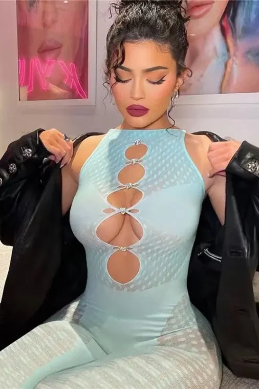 European & American Style 2024 Summer Women's New Sexy See-through Knit High Waist Slim Jumpsuit Sleeveless - Image 4