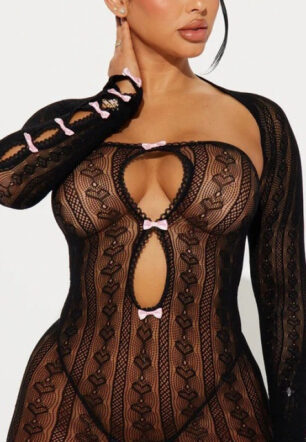 Butterfly knot charm, sweet and cute hollow out perspective sexy high elasticity mesh dress